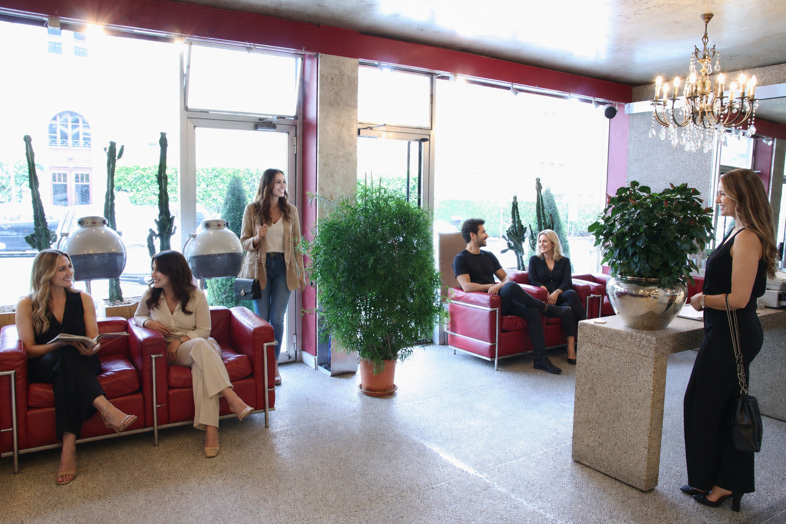 Accueil du salon Hairstylist Mousquines avec fauteuils rouges